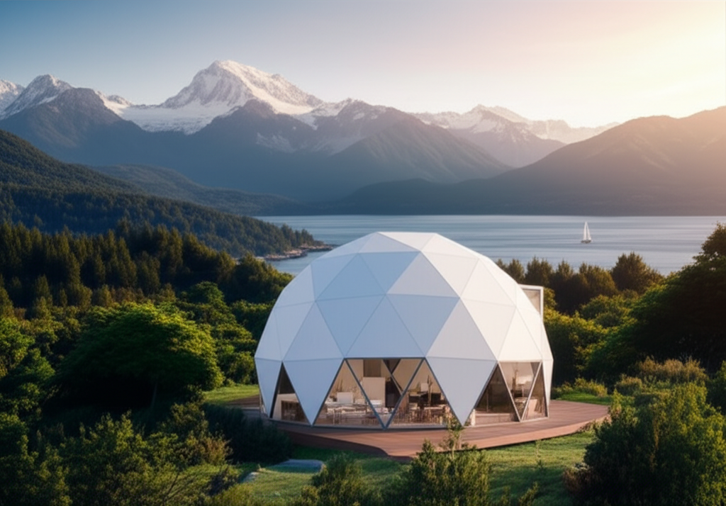 Domo geodésico moderno blanco con estructura triangular en paisaje natural chileno - ChileDomos.cl