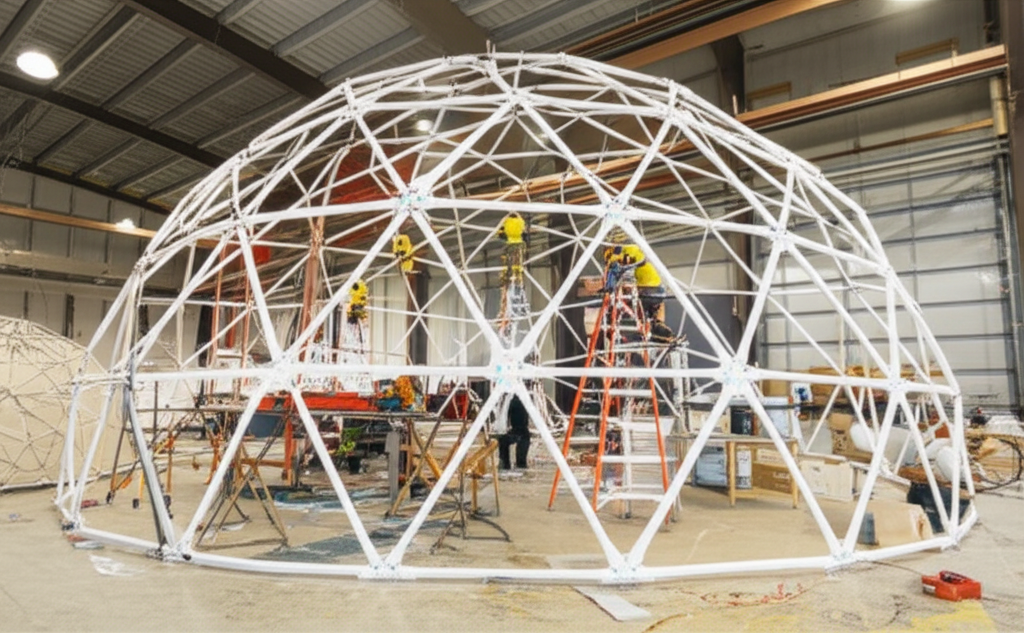 Equipo profesional ChileDomos construyendo domo geodésico moderno con estructura triangular