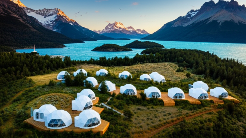 Eco Resort Patagonia con 12 domos geodésicos modernos blancos instalados por ChileDomos